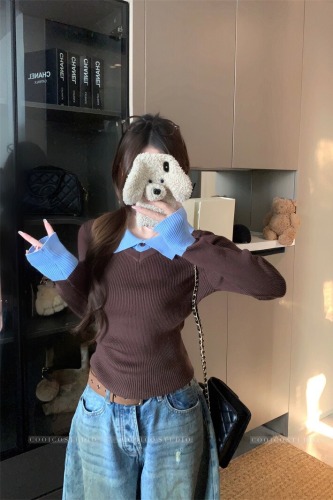 Actual shoot Autumn and Winter Brown Straight Shoulder Inner Layer Hooded Sweater Women Polo Collar Base Knit Top Long Sleeve Top