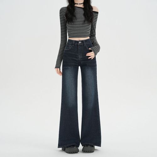 Real-shot vintage cat-eye pattern wide-leg denim pants for women—autumn new style, slimming, edgy, loose-fit straight-leg pants.