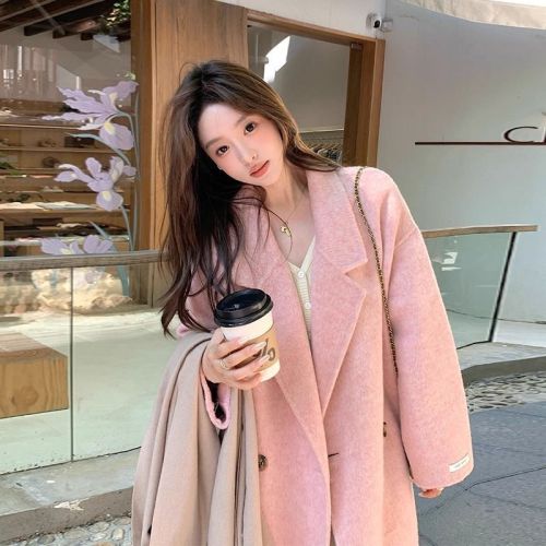 Pink Double-Faced Wool Coat Women's Outerwear 2025 New Arrival Korean Style Autumn/Winter Coat Double-Faced Wool Coat Women's Medium-Long Coat