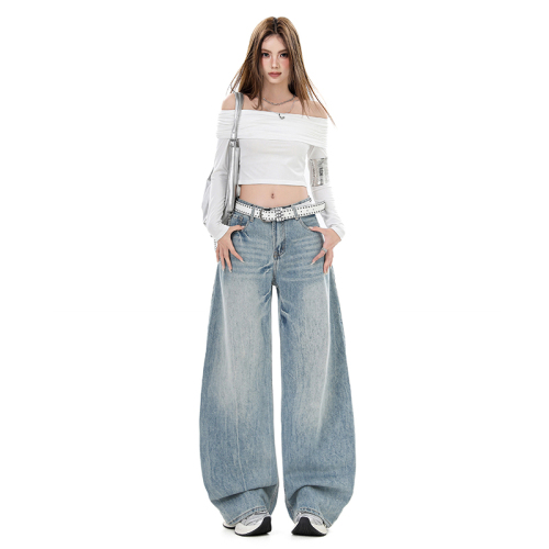 Photographed~ 2025 American Retro Versatile Streetwear New Heavy Work Wash Bended Knife Wide Leg Pants Floor-Length Denim Jeans Women