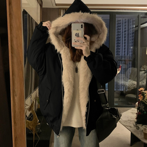 Photographed Zhaoshandiao Hooded Wool-Blend Cotton Coat for Women, Dual-Side Wear, 2025 Winter, Small Figure, Fur-Like Warm Cotton Jacket