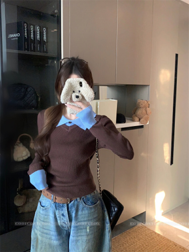 Actual shoot Autumn and Winter Brown Straight Shoulder Inner Layer Hooded Sweater Women Polo Collar Base Knit Top Long Sleeve Top