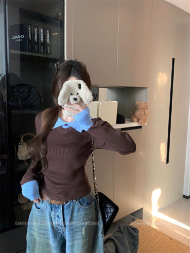 Actual shoot Autumn and Winter Brown Straight Shoulder Inner Layer Hooded Sweater Women Polo Collar Base Knit Top Long Sleeve Top
