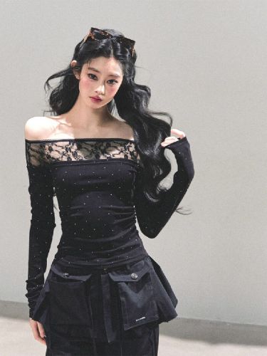 Black rayon-Blend Velour One-Shoulder Polka Dot Long-Sleeve T-Shirt with Lace Lining and Splicing, Spicy Girl Shoulder-Stripping Base Top