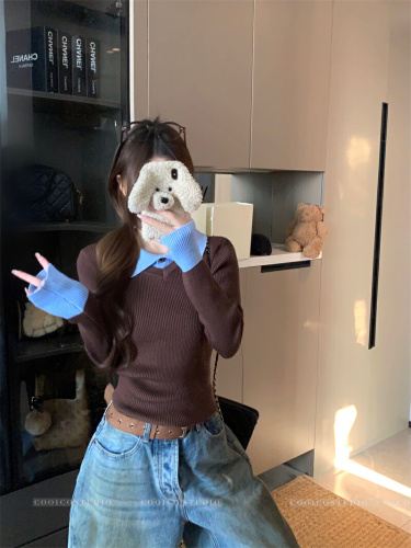 Actual shoot Autumn and Winter Brown Straight Shoulder Inner Layer Hooded Sweater Women Polo Collar Base Knit Top Long Sleeve Top