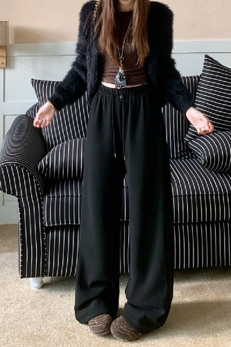 Photographed Lazy Style Grey Fleece Casual Pants for Women Autumn and Winter High-Waist Straight Leg Pants Wide Leg Pants Long Pants with Drape Floor-Length Pants