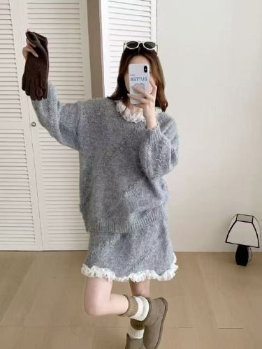 Women's Purple Border Sweater Set 2025 New Autumn/Winter High-End Korean Style Lazy Knit Semi-Body Skirt Two-Piece Set