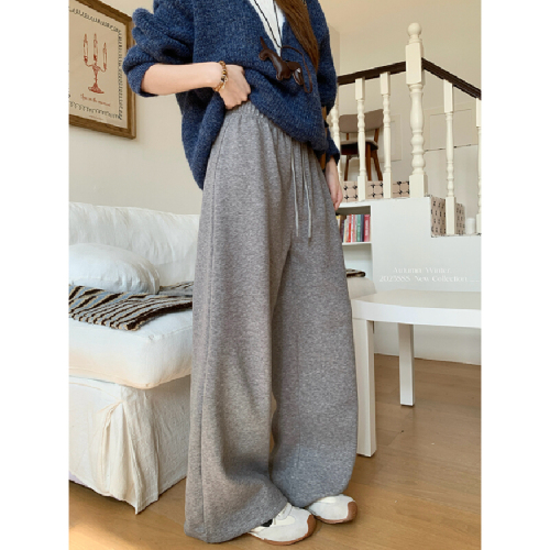 Photographed Lazy Style Grey Fleece Casual Pants for Women Autumn and Winter High-Waist Straight Leg Pants Wide Leg Pants Long Pants with Drape Floor-Length Pants