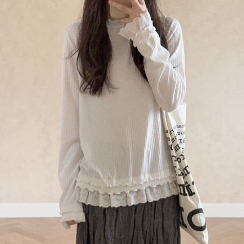 Official Image: 29% Cotton, 63% Polyester, 8% Spandex Pit-Striped, Straight Shoulder, Lace Edge Hem, Long Sleeve Underwear Top