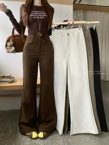 Real-shot 2025 Winter Apricot Color Flared Pants for Women: High-Waisted, Slimming Casual Pants, Straight-Leg Pants with a Flowing Drape, Floor-Length Horseshoe Pants.