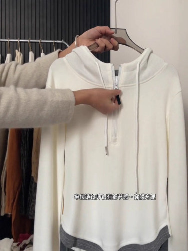 Hooded Half-Zip Fake Two-Piece Sweatshirt for Women, Autumn/Winter, Plus Size, for Chubby Girls, Loose-Fitting, Slimming Inner Layer Base Shirt, Long-Sleeved Top