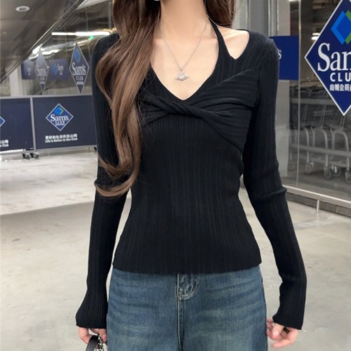 Shot Knit Long Sleeve V-Neck Off-the-Shoulder Women's Autumn/Winter Fitted Bodysuit