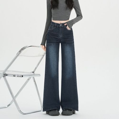 Real-shot vintage cat-eye pattern wide-leg denim pants for women—autumn new style, slimming, edgy, loose-fit straight-leg pants.