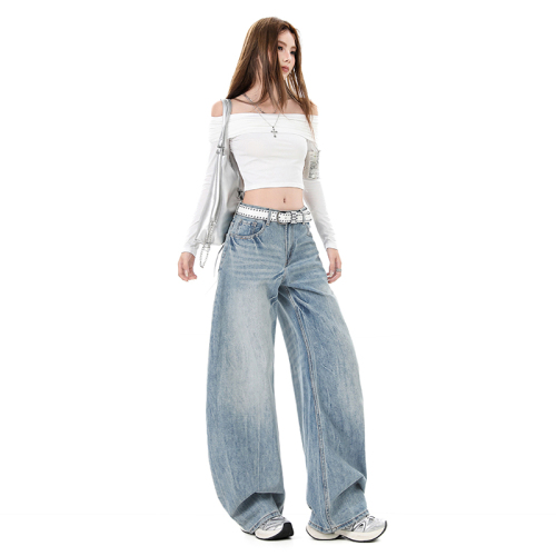 Photographed~ 2025 American Retro Versatile Streetwear New Heavy Work Wash Bended Knife Wide Leg Pants Floor-Length Denim Jeans Women