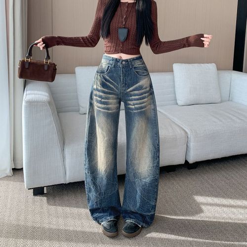 Vintage American High Street Distressed Bended Knife Women's Fall New Loose Casual Wide Leg Pants