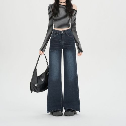 Real-shot vintage cat-eye pattern wide-leg denim pants for women—autumn new style, slimming, edgy, loose-fit straight-leg pants.