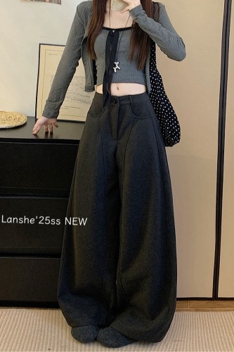 Photographed khaki color loose wide-leg pants casual woolen winter retro American straight-leg pants versatile pants