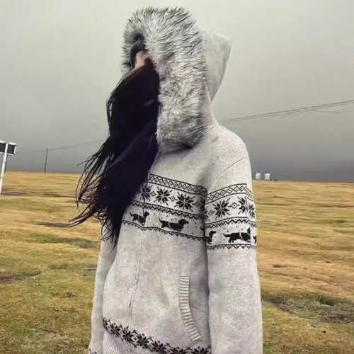 American Retro Cable-Knit Hooded Cardigan for Women, Fall Fair Isle Wool Collar, Loose and Slouchy Style Top, Trendy