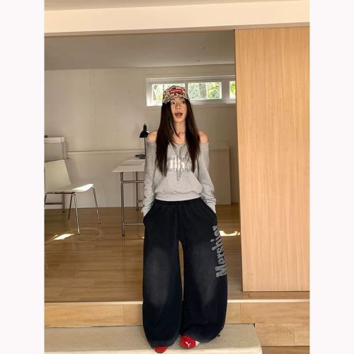 Vintage Retro Rock Music Camouflage Patchwork Workwear Women's Winter False Two-Piece Wide Leg Floor-Length Pants with Fleece Lining