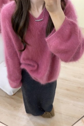 Peach Pink V-Neck Mohair Hooded Long Sleeve Sweater for Women - Autumn/Winter Lazy High-End Outerwear Loose Knit Top
