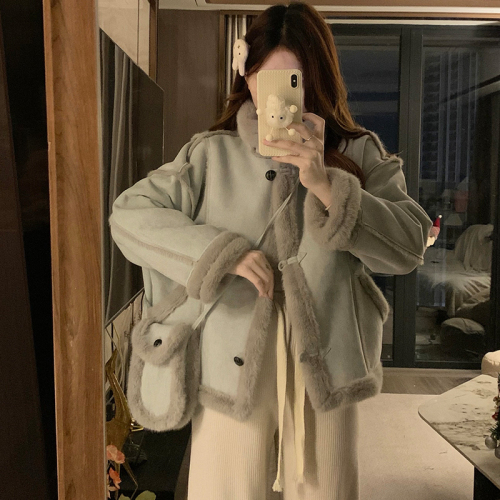 Shot 2025 Winter New Goat Hair Coat Women's Korean Style Splicing Leather-Fur Hybrid Warm Thick Suede Top