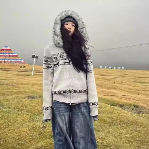 American Retro Cable-Knit Hooded Cardigan for Women, Fall Fair Isle Wool Collar, Loose and Slouchy Style Top, Trendy