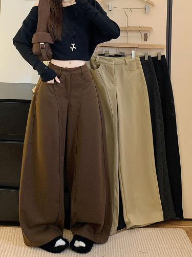 Photographed khaki color loose wide-leg pants casual woolen winter retro American straight-leg pants versatile pants
