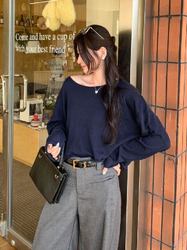 Photographed Gray Large Round Neck Knit Long Sleeve Women's Winter 2025 New Loose Slimming Outerwear Short Top