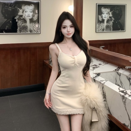 Photographed Sweet and Gentle Plush Jacket Sexy Strappy Short Dress