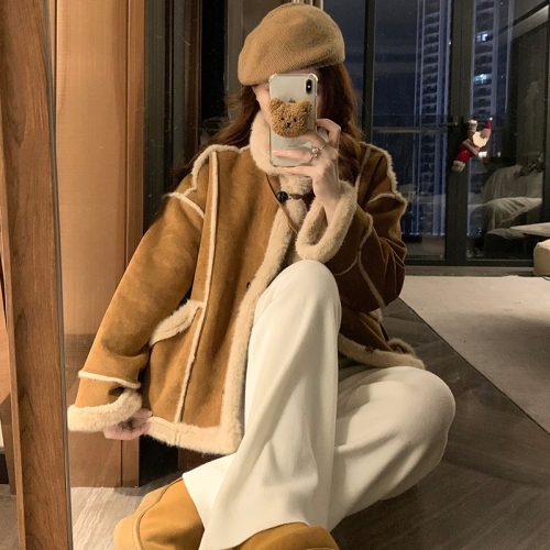 Shot 2025 Winter New Goat Hair Coat Women's Korean Style Splicing Leather-Fur Hybrid Warm Thick Suede Top