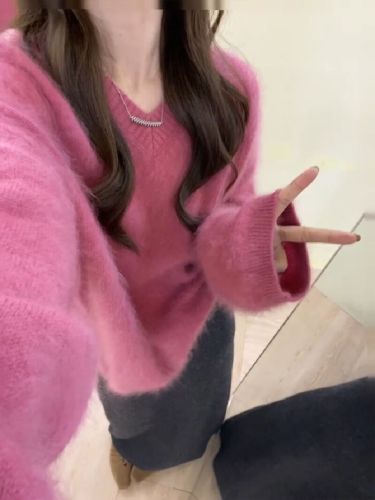 Peach Pink V-Neck Mohair Hooded Long Sleeve Sweater for Women - Autumn/Winter Lazy High-End Outerwear Loose Knit Top