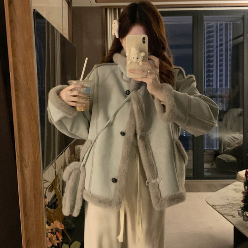 Shot 2025 Winter New Goat Hair Coat Women's Korean Style Splicing Leather-Fur Hybrid Warm Thick Suede Top