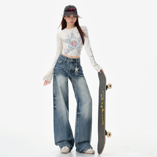 Photographed~ American Retro Light Color Wide Leg Pants for Women High-Waisted Drape 2026 Spring New Loose and Slimming Jeans