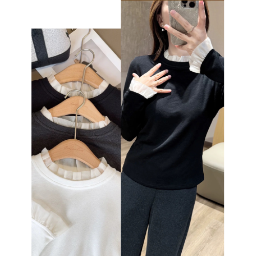 270g Ribbed Fleece Autumn/Winter Korean-Style Fashionable Warm Patchwork Half-Turtleneck Base Long-Sleeve All-Match Top for Women