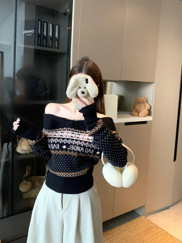 Photographed Fair Isle Retro One-Shoulder Warm Knit Sweater for Women - Autumn/Winter New Arrival Slimming and Figure-Hugging Knit Top
