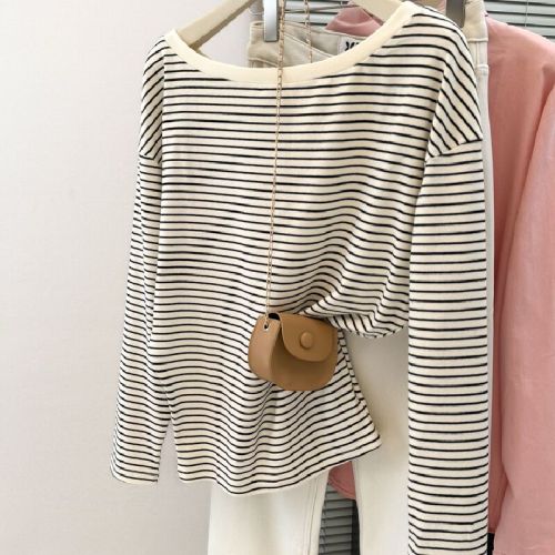 Women's Loose Korean Style Striped One-Shoulder Long-Sleeve Cotton T-Shirt for Spring and Autumn, Camisole Top with Shoulder Exposure