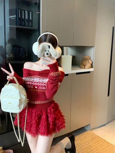 Photographed Fair Isle Retro One-Shoulder Warm Knit Sweater for Women - Autumn/Winter New Arrival Slimming and Figure-Hugging Knit Top