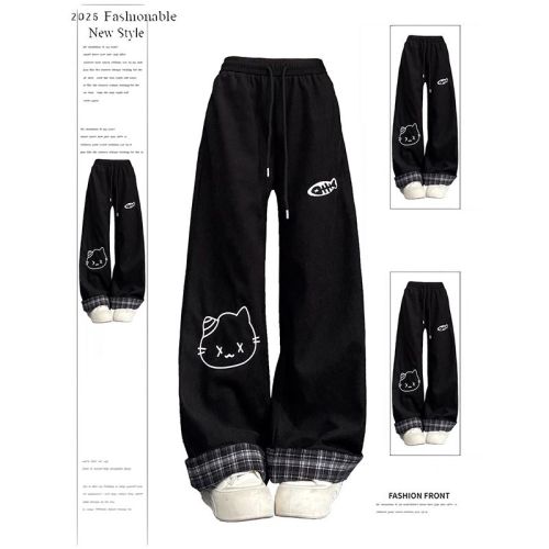 Cartoon Cat Print Black Casual Pants for Girls 2025 Winter New Checkered Hemmed Fleece Sport Pants