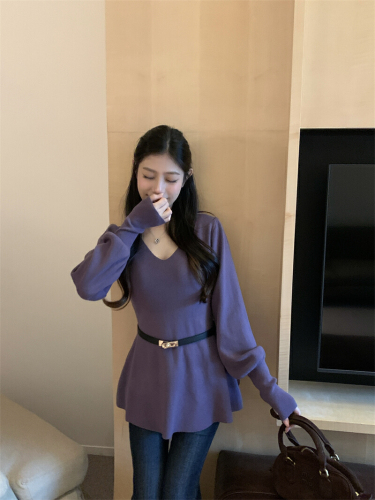 Actual shooting, true, belt-waisted to make you look slimmer V-neck knitted sweater autumn and winter base shirt, inner wear top