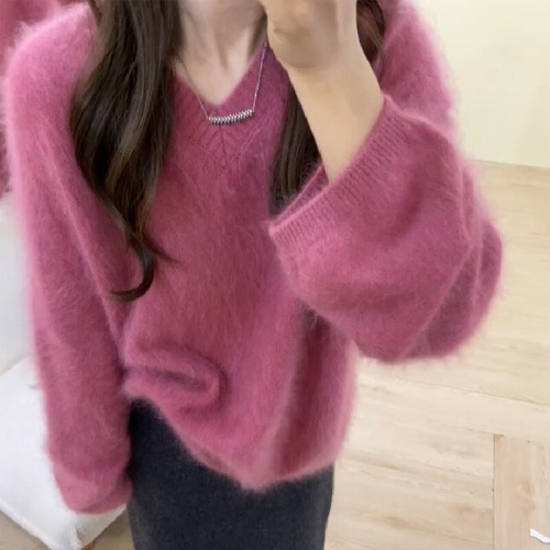 Peach Pink V-Neck Mohair Hooded Long Sleeve Sweater for Women - Autumn/Winter Lazy High-End Outerwear Loose Knit Top
