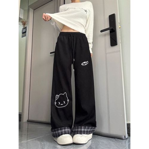 Cartoon Cat Print Black Casual Pants for Girls 2025 Winter New Checkered Hemmed Fleece Sport Pants
