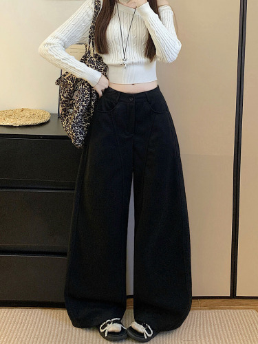Photographed khaki color loose wide-leg pants casual woolen winter retro American straight-leg pants versatile pants