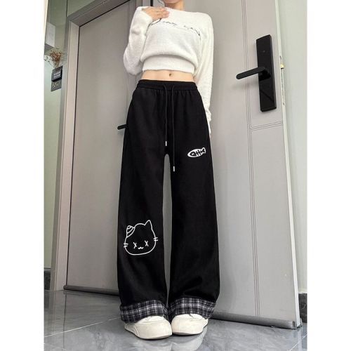 Cartoon Cat Print Black Casual Pants for Girls 2025 Winter New Checkered Hemmed Fleece Sport Pants