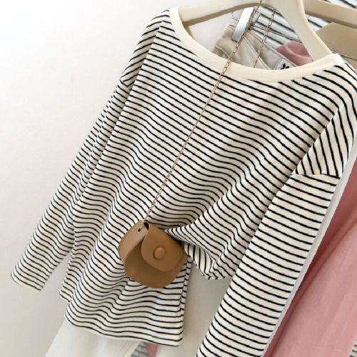 Women's Loose Korean Style Striped One-Shoulder Long-Sleeve Cotton T-Shirt for Spring and Autumn, Camisole Top with Shoulder Exposure