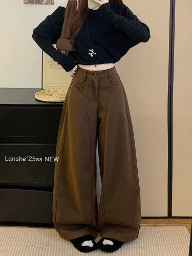 Photographed khaki color loose wide-leg pants casual woolen winter retro American straight-leg pants versatile pants