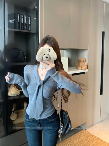 Shooted Design Sense Sheer Knoted Slimming Outerwear Knit Top for Women to Wear Underneath