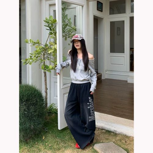 Vintage Retro Rock Music Camouflage Patchwork Workwear Women's Winter False Two-Piece Wide Leg Floor-Length Pants with Fleece Lining