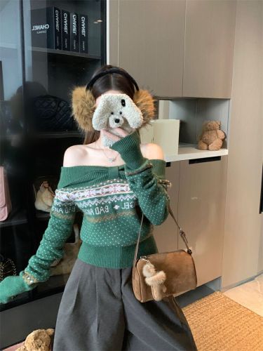 Photographed Fair Isle Retro One-Shoulder Warm Knit Sweater for Women - Autumn/Winter New Arrival Slimming and Figure-Hugging Knit Top