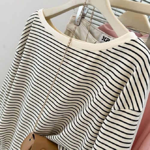 Women's Loose Korean Style Striped One-Shoulder Long-Sleeve Cotton T-Shirt for Spring and Autumn, Camisole Top with Shoulder Exposure