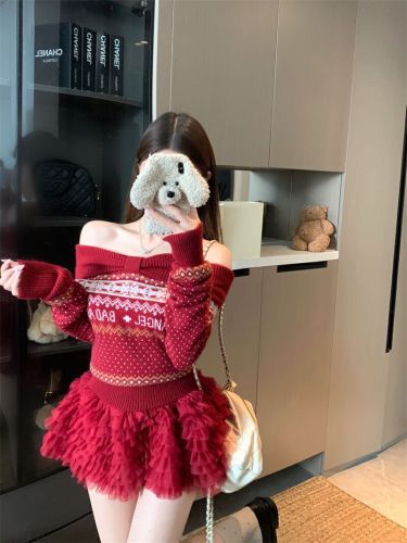 Photographed Fair Isle Retro One-Shoulder Warm Knit Sweater for Women - Autumn/Winter New Arrival Slimming and Figure-Hugging Knit Top